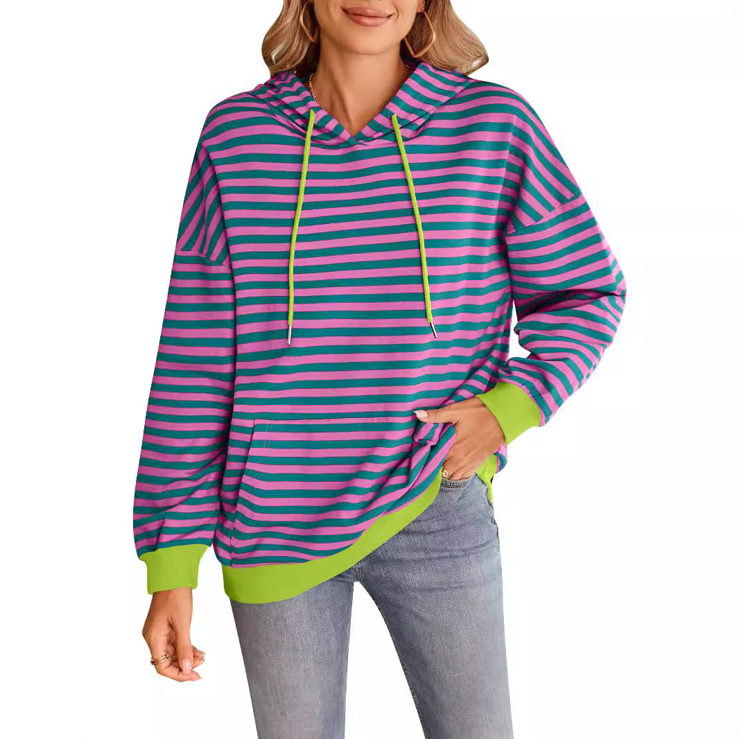 Elarova | Damen gestreifter Kapuzenpullover mit stylischer Kängurutasche