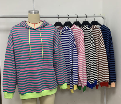 Elarova | Damen gestreifter Kapuzenpullover mit stylischer Kängurutasche