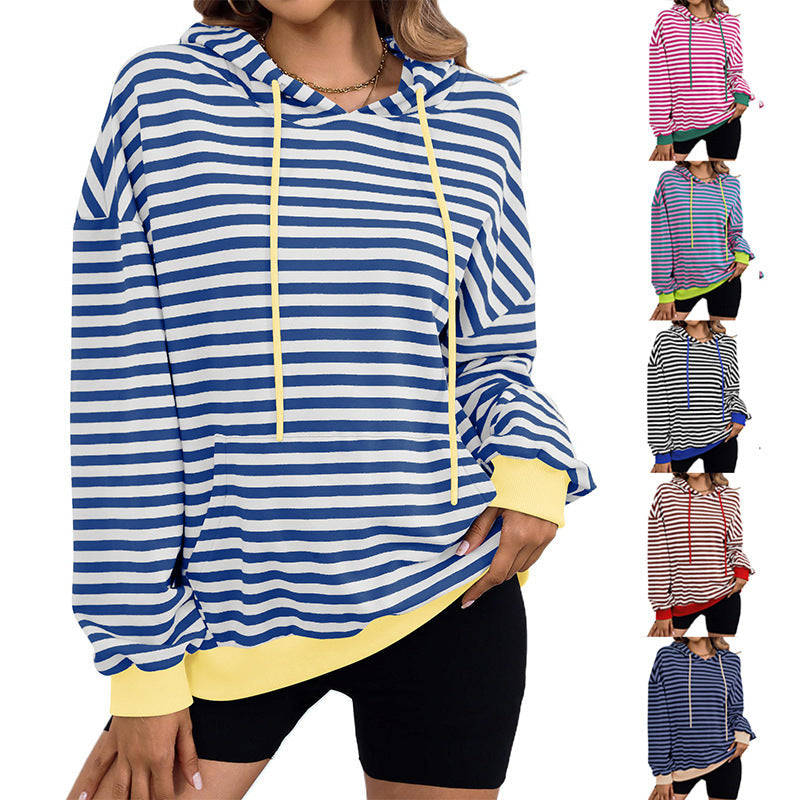 Elarova | Damen gestreifter Kapuzenpullover mit stylischer Kängurutasche
