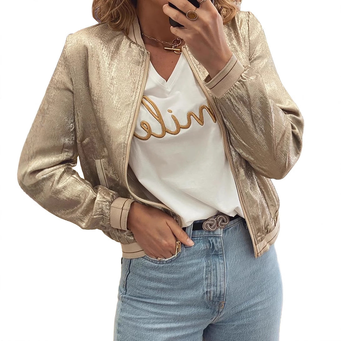 Elarova | Damen glänzende Bomberjacke mit trendigen Rippdetails und praktischen Taschen