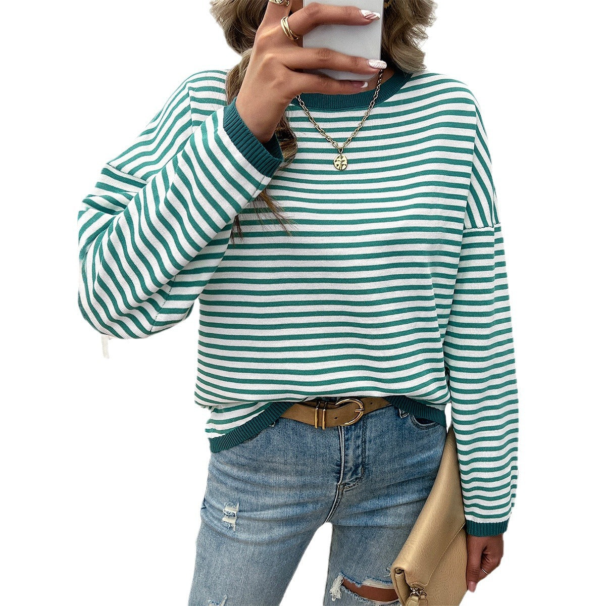 Elarova | Damen lässiger Streifenpullover mit farbigen Akzenten