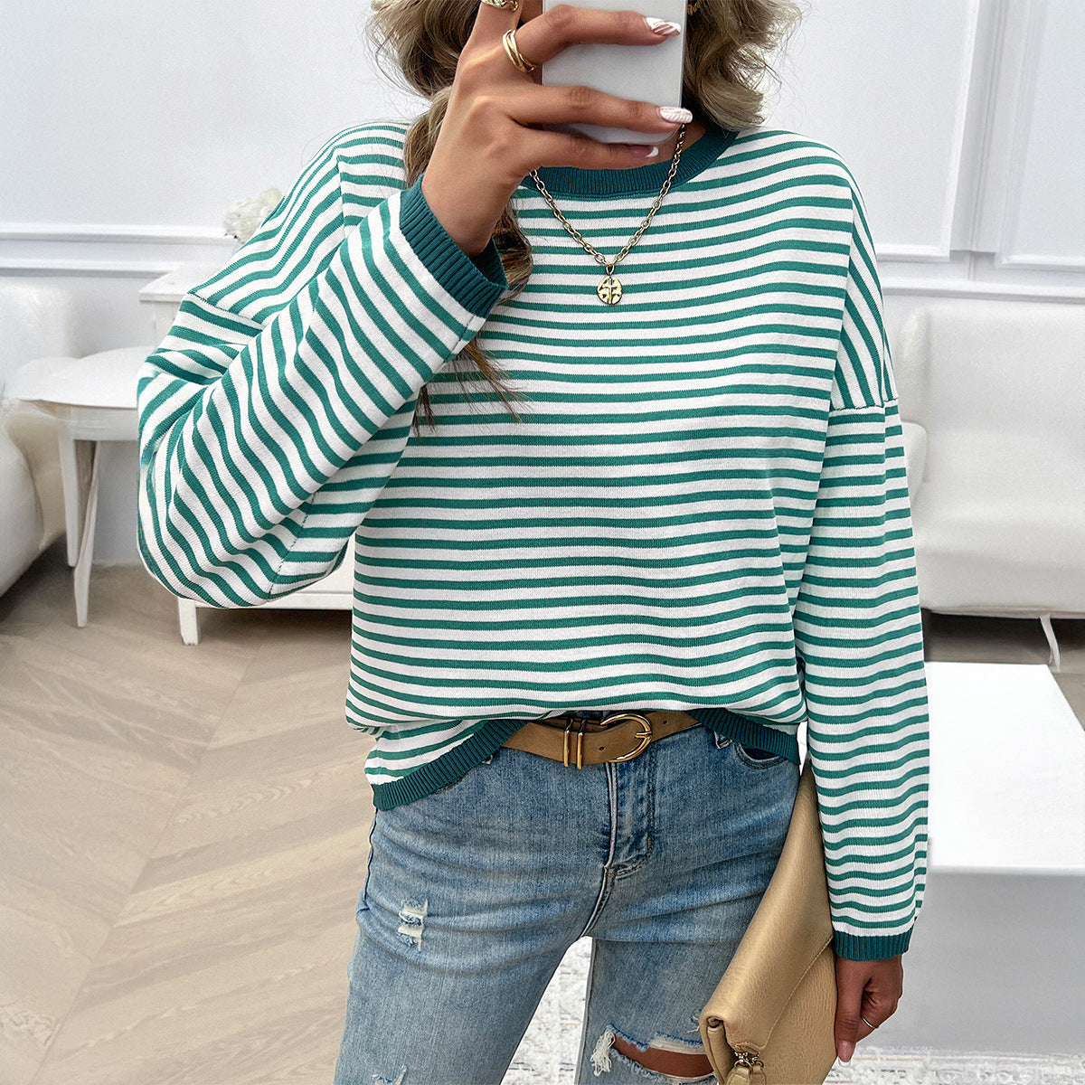 Elarova | Damen lässiger Streifenpullover mit farbigen Akzenten