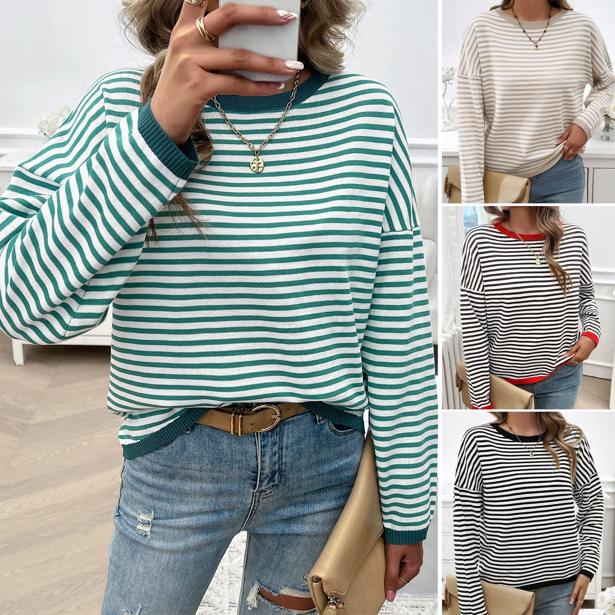 Elarova | Damen lässiger Streifenpullover mit farbigen Akzenten