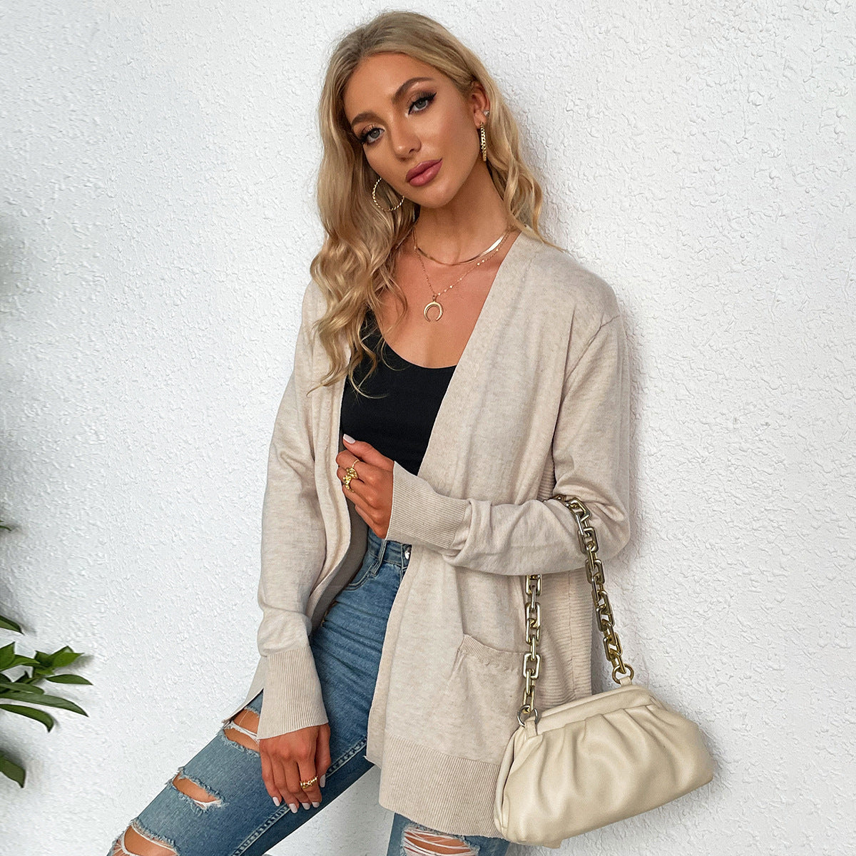 Elarova | Damen lässiger Strickcardigan mit tiefem VAusschnitt und praktischen Taschen