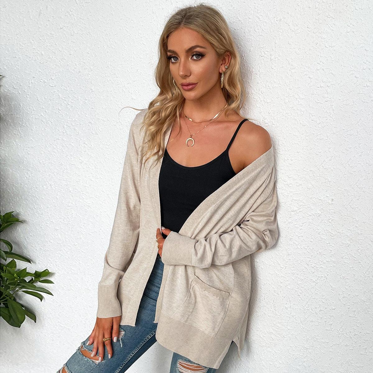 Elarova | Damen lässiger Strickcardigan mit tiefem VAusschnitt und praktischen Taschen