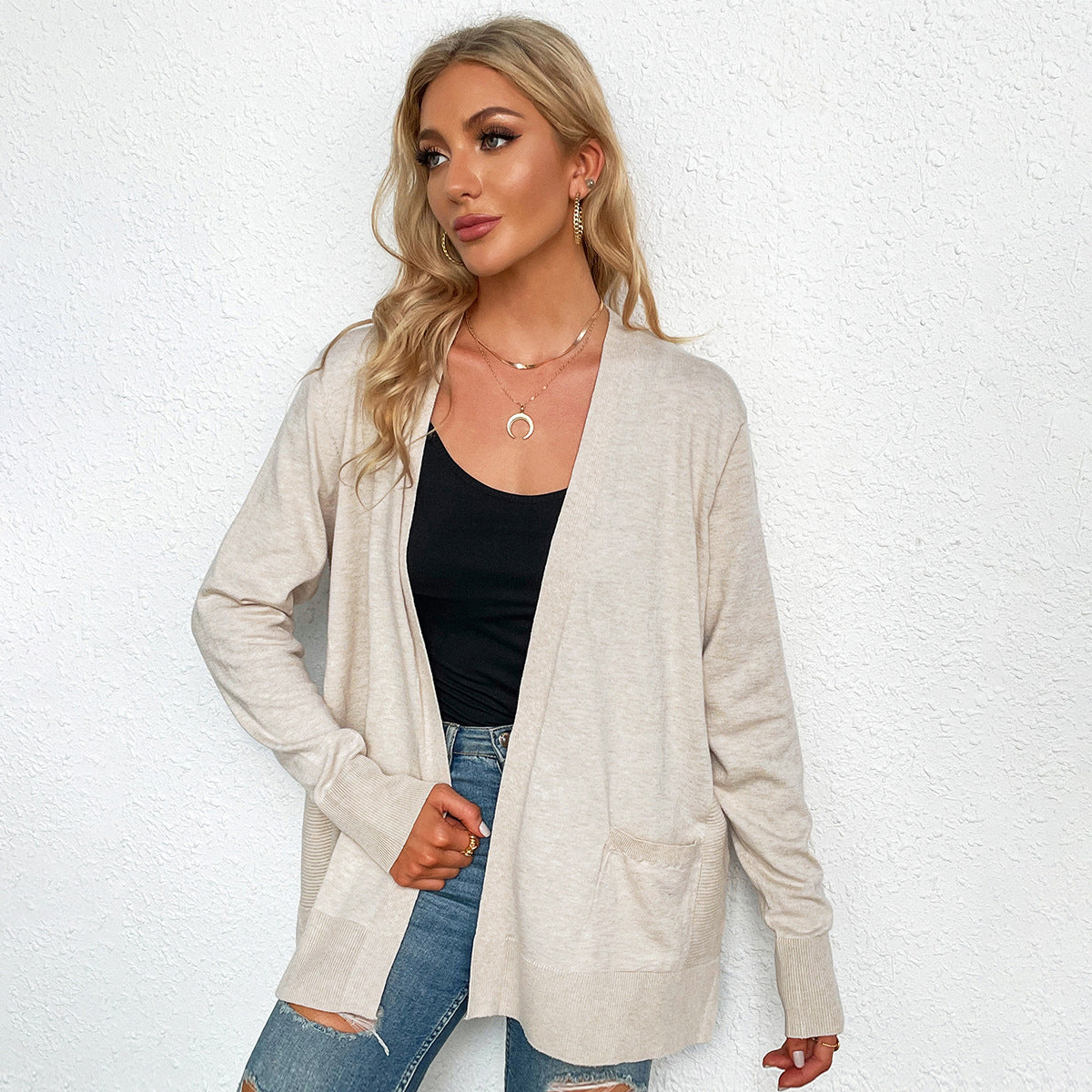 Elarova | Damen lässiger Strickcardigan mit tiefem VAusschnitt und praktischen Taschen