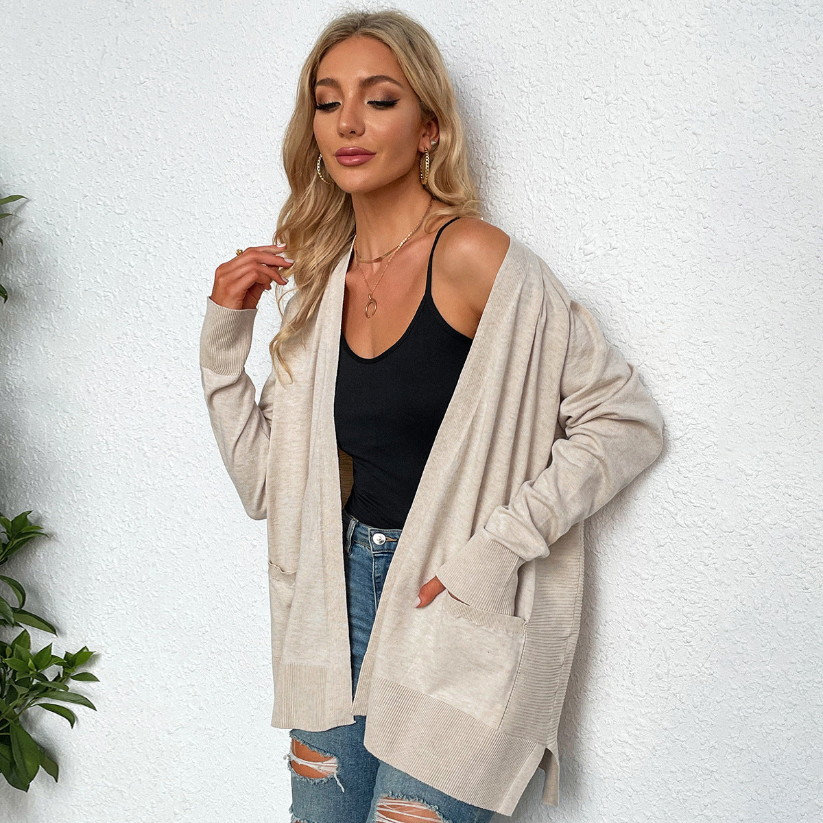 Elarova | Damen lässiger Strickcardigan mit tiefem VAusschnitt und praktischen Taschen