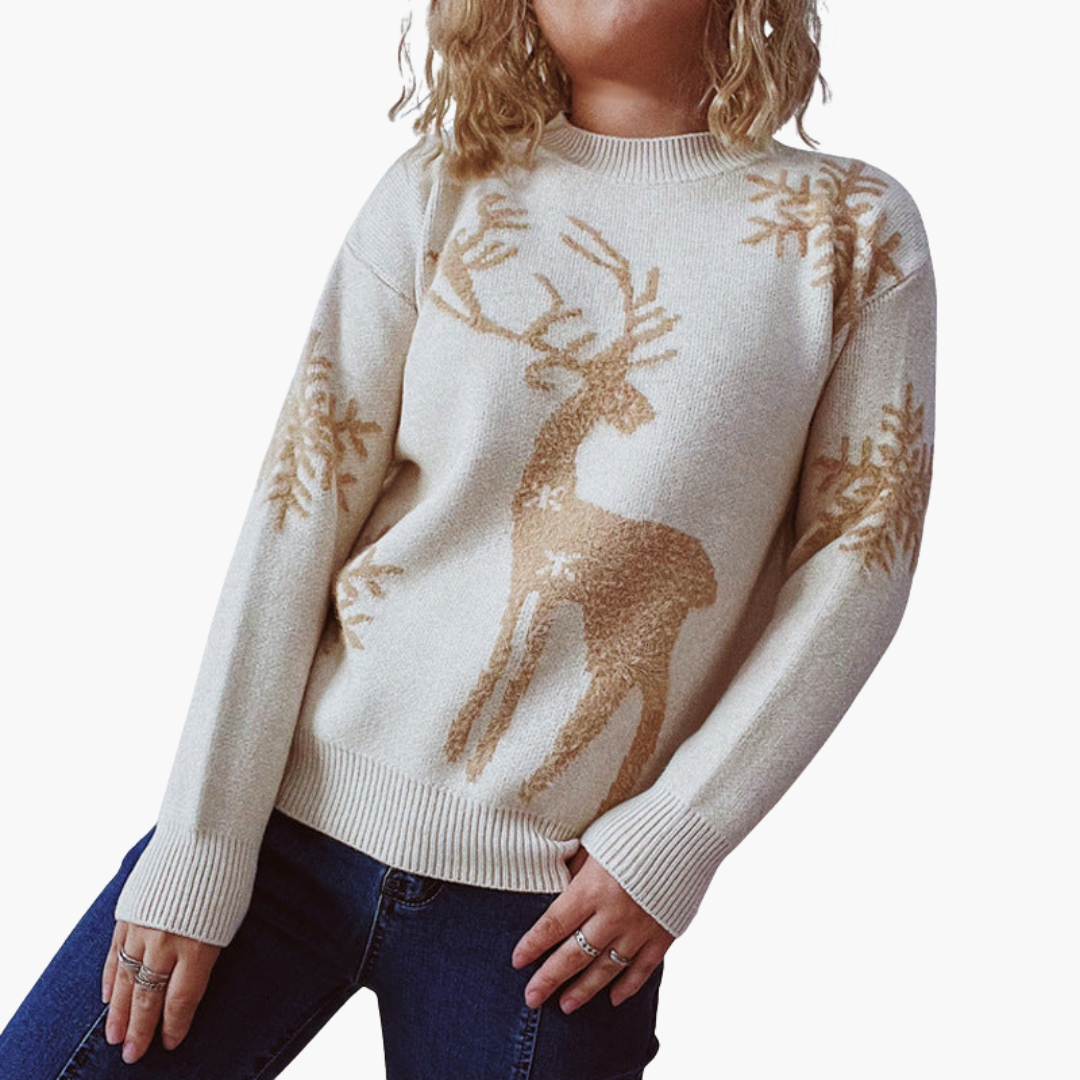 Elarova | Damen pullover mit Rentiermotiv und Rippdetails