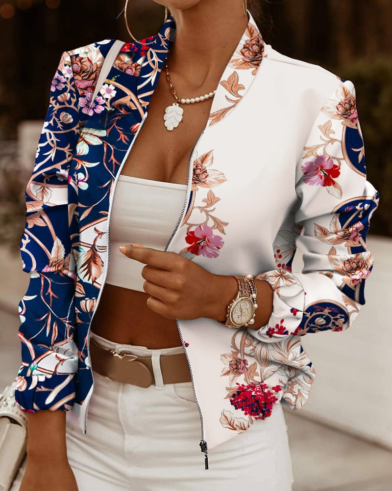Elarova | Damen sportliche Bomberjacke mit floralem Design und kontrastierenden Ärmelakzenten