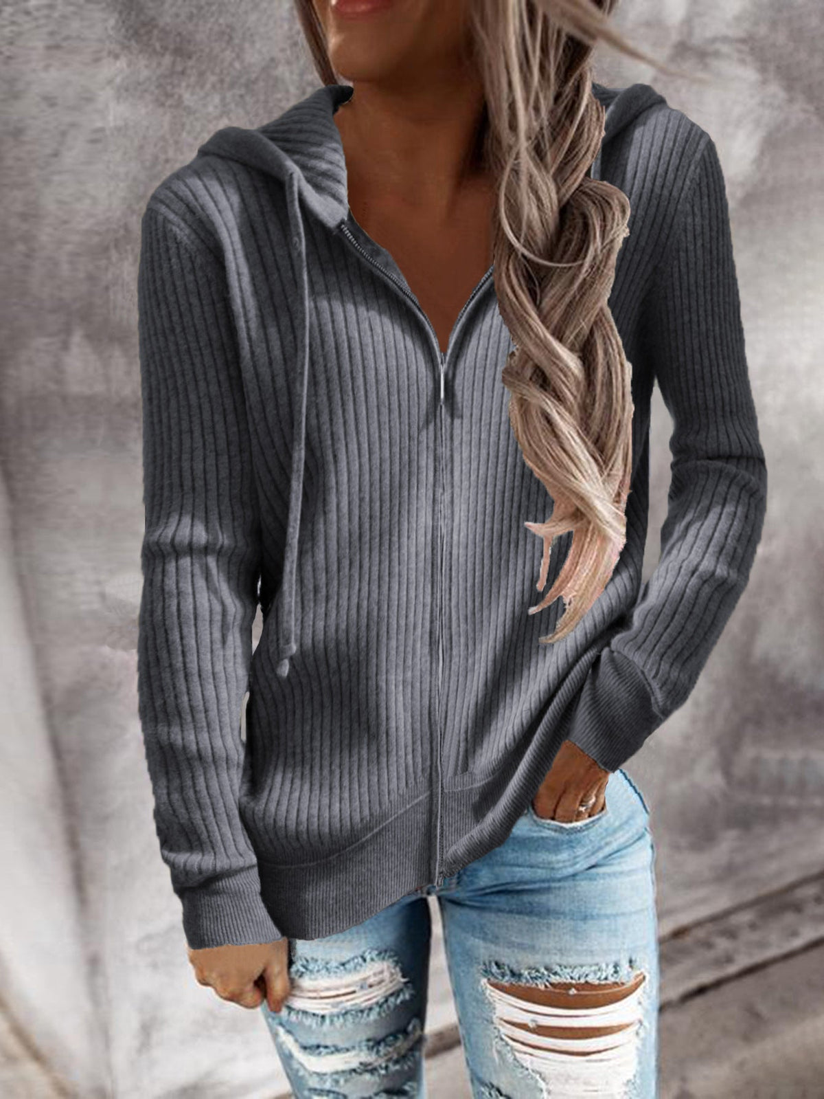 Elarova | Damen sportliche Kapuzenjacke mit strukturierter Rippoptik und praktischen Taschen