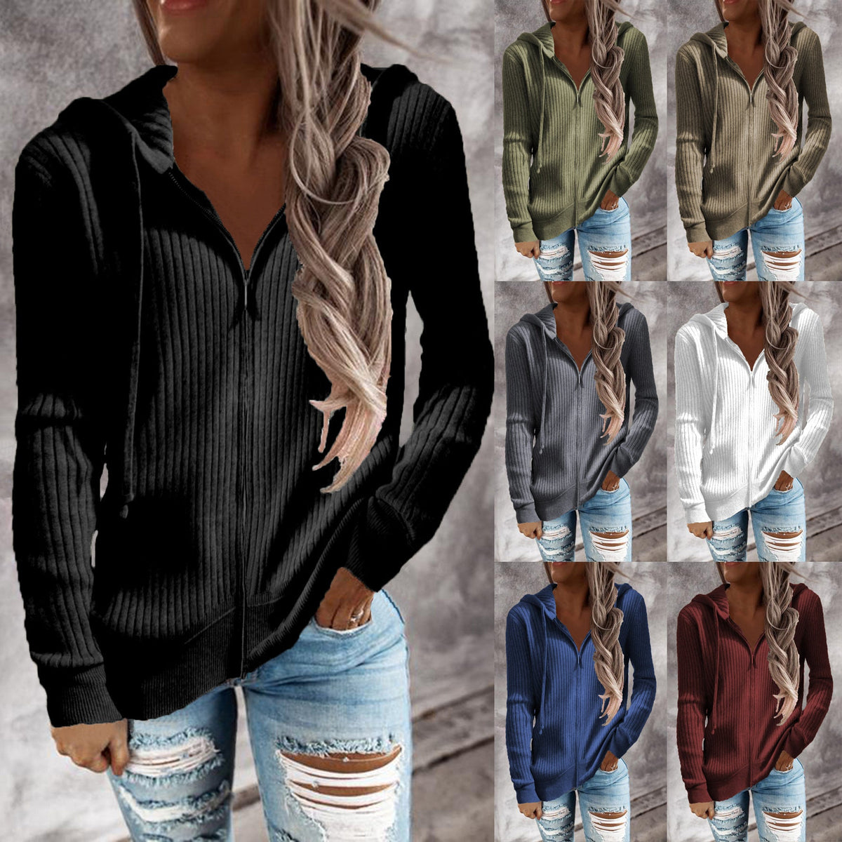 Elarova | Damen sportliche Kapuzenjacke mit strukturierter Rippoptik und praktischen Taschen