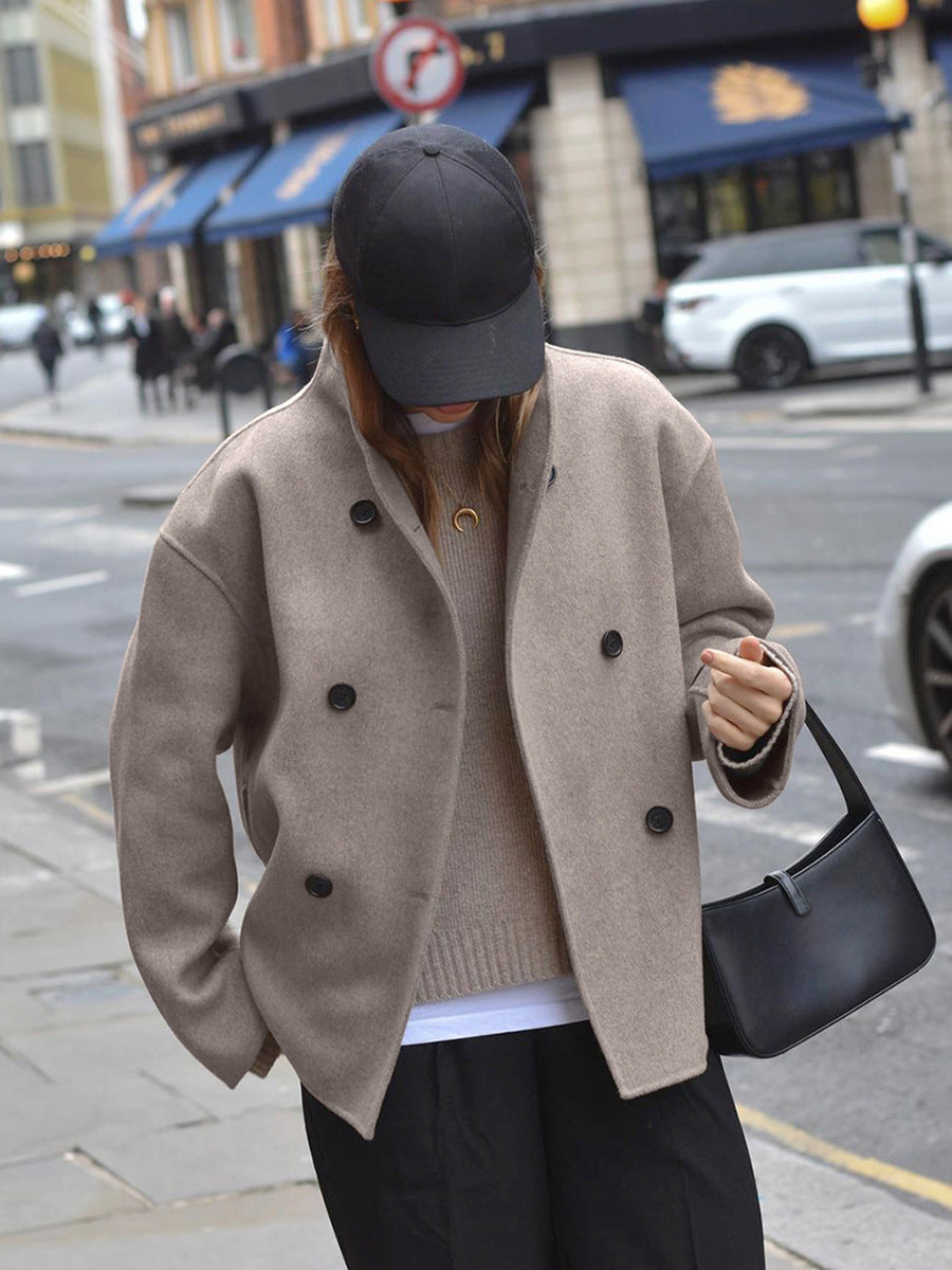Elarova | Damenjacke beige kurze Wolljacke mit Stehkragen und Knopfverschluss