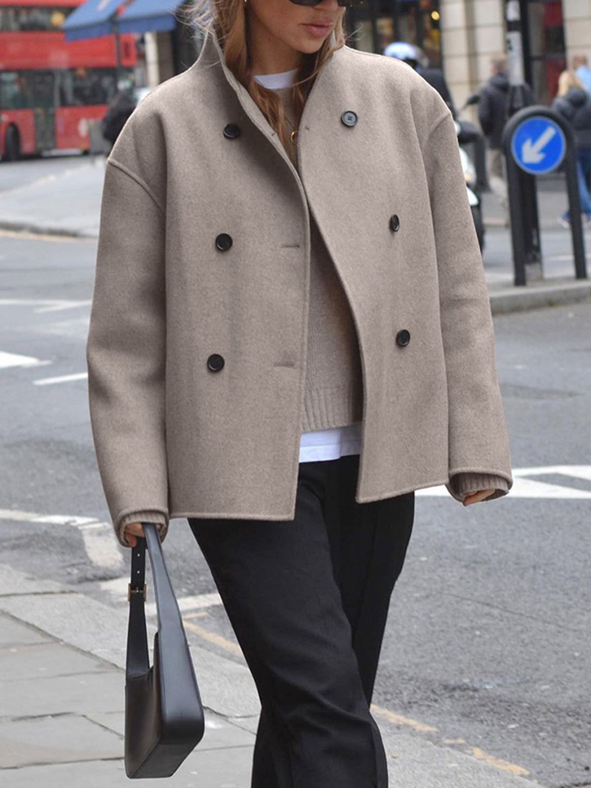 Elarova | Damenjacke beige kurze Wolljacke mit Stehkragen und Knopfverschluss
