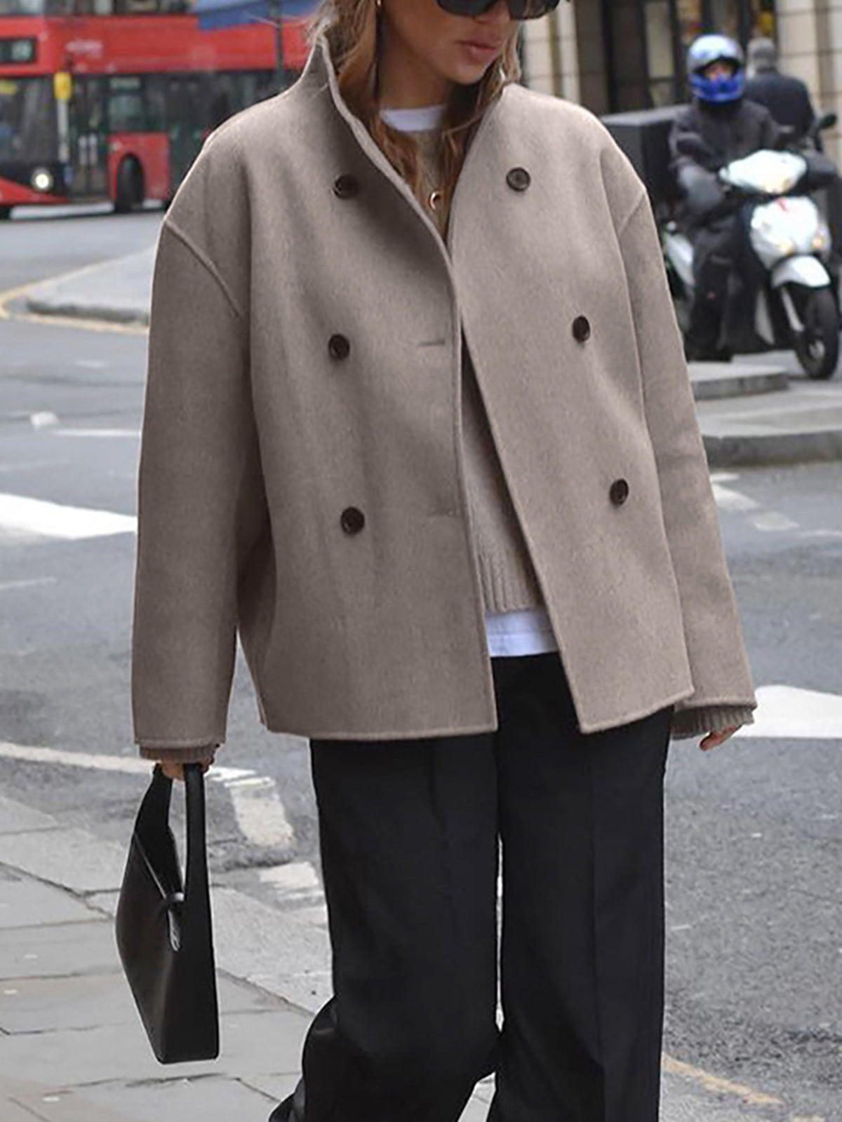 Elarova | Damenjacke beige kurze Wolljacke mit Stehkragen und Knopfverschluss