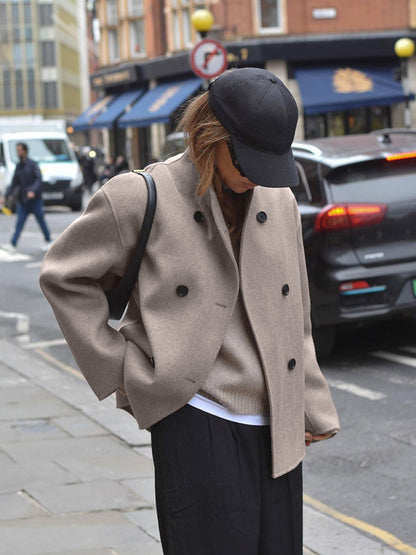 Elarova | Damenjacke beige kurze Wolljacke mit Stehkragen und Knopfverschluss
