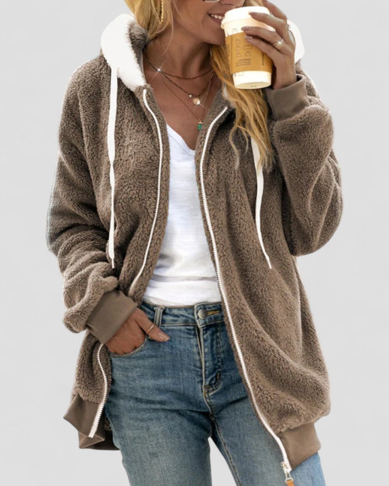 Elarova | Damenmantel mit Kapuze aus Kunstplüsch