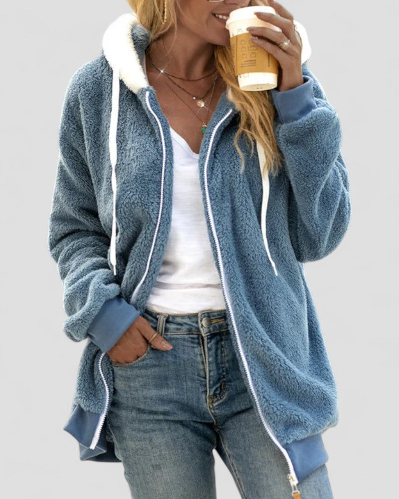 Elarova | Damenmantel mit Kapuze aus Kunstplüsch