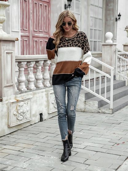 Elarova | Damenpullover mit Leopardenmuster und Farbflächen