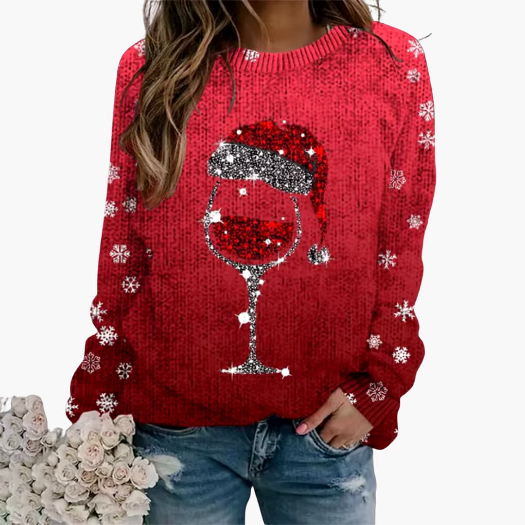 Elarova | Damenpullover mit Weinglas und Schneeflockenmotiv