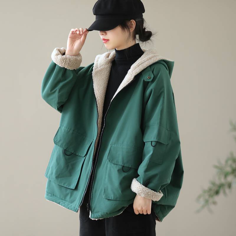 Elarova | Einfarbige Wendbare Jacke Mit Kapuze Und Reißverschluss