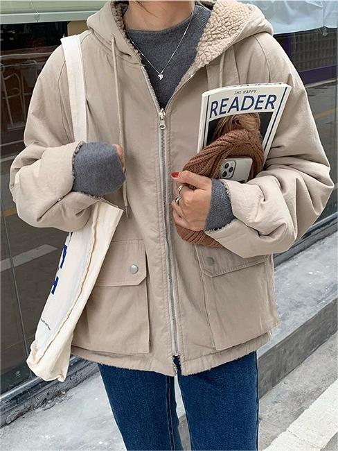 Elarova | Einfarbige Wendbare Jacke Mit Kapuze Und Reißverschluss