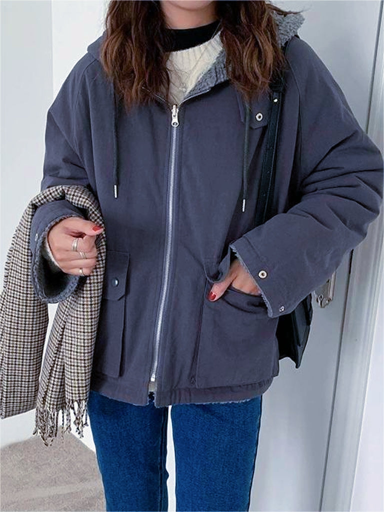 Elarova | Einfarbige Wendbare Jacke Mit Kapuze Und Reißverschluss