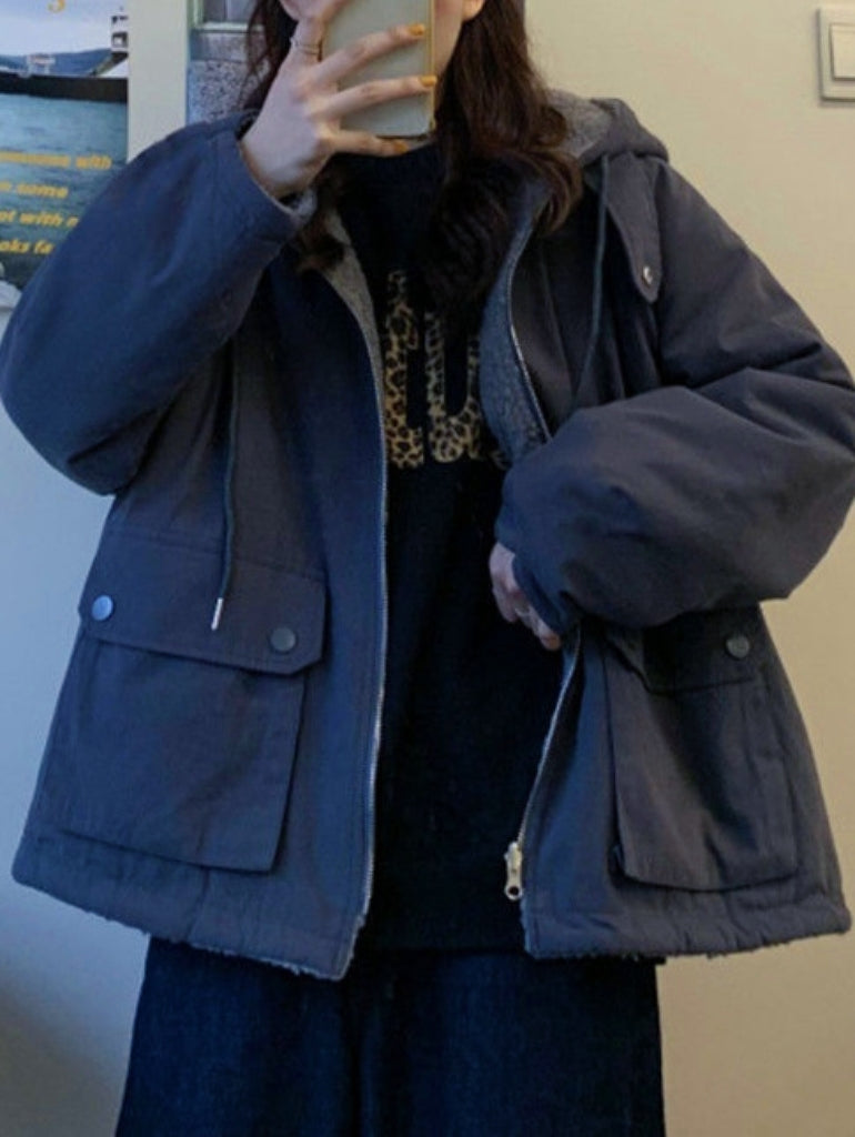 Elarova | Einfarbige Wendbare Jacke Mit Kapuze Und Reißverschluss