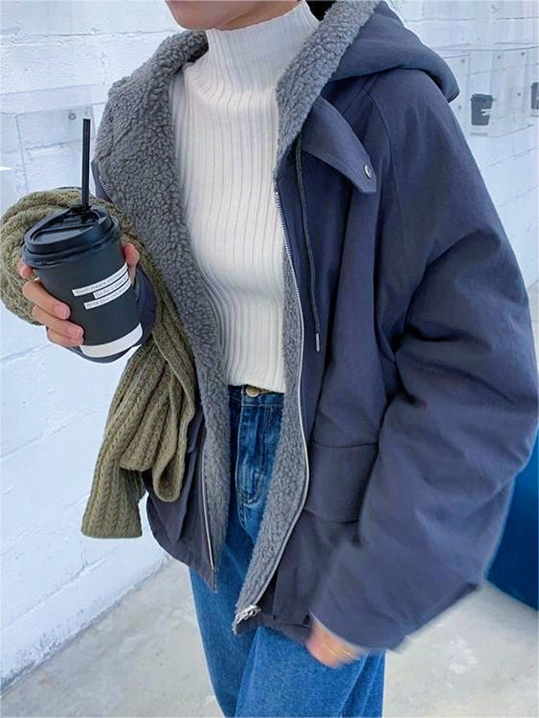 Elarova | Einfarbige Wendbare Jacke Mit Kapuze Und Reißverschluss