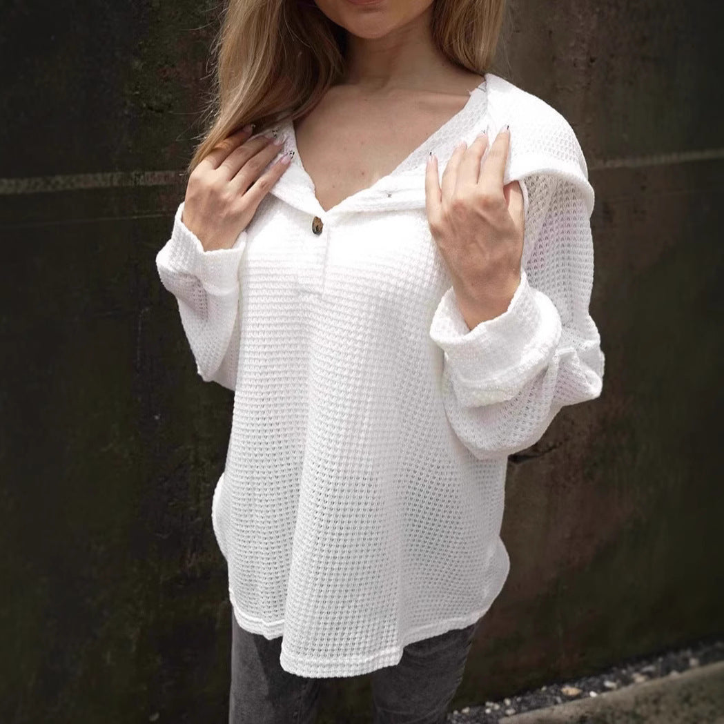 Elarova | Einfarbiger Knopf Zugband Lockere Lange Ärmel Hoodie