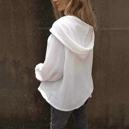 Elarova | Einfarbiger Knopf Zugband Lockere Lange Ärmel Hoodie