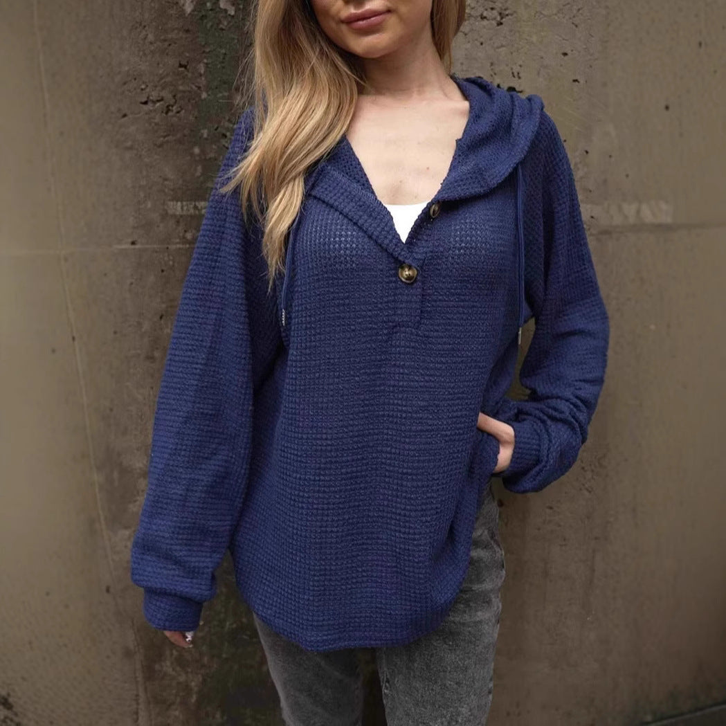 Elarova | Einfarbiger Knopf Zugband Lockere Lange Ärmel Hoodie