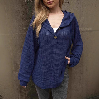 Elarova | Einfarbiger Knopf Zugband Lockere Lange Ärmel Hoodie