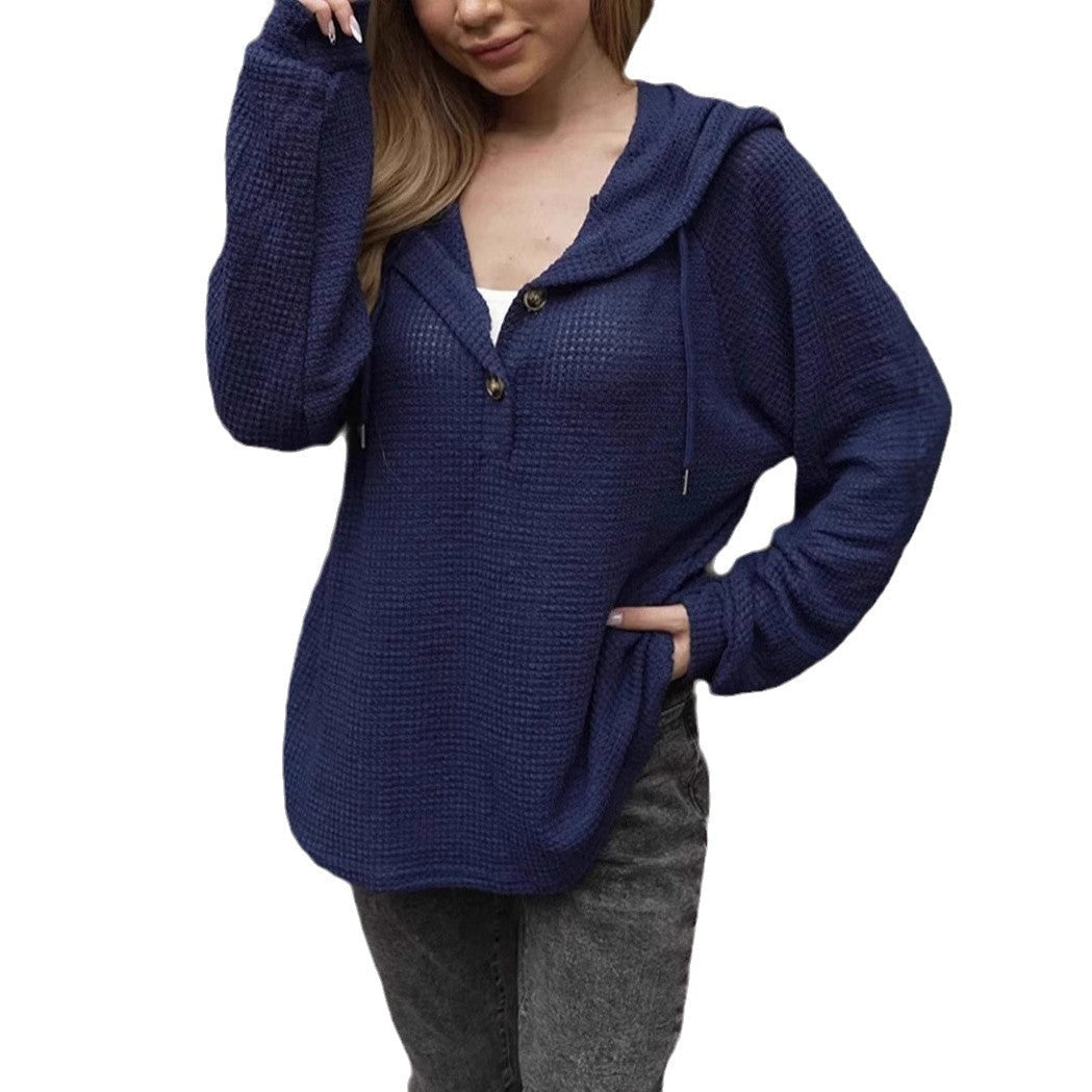 Elarova | Einfarbiger Knopf Zugband Lockere Lange Ärmel Hoodie