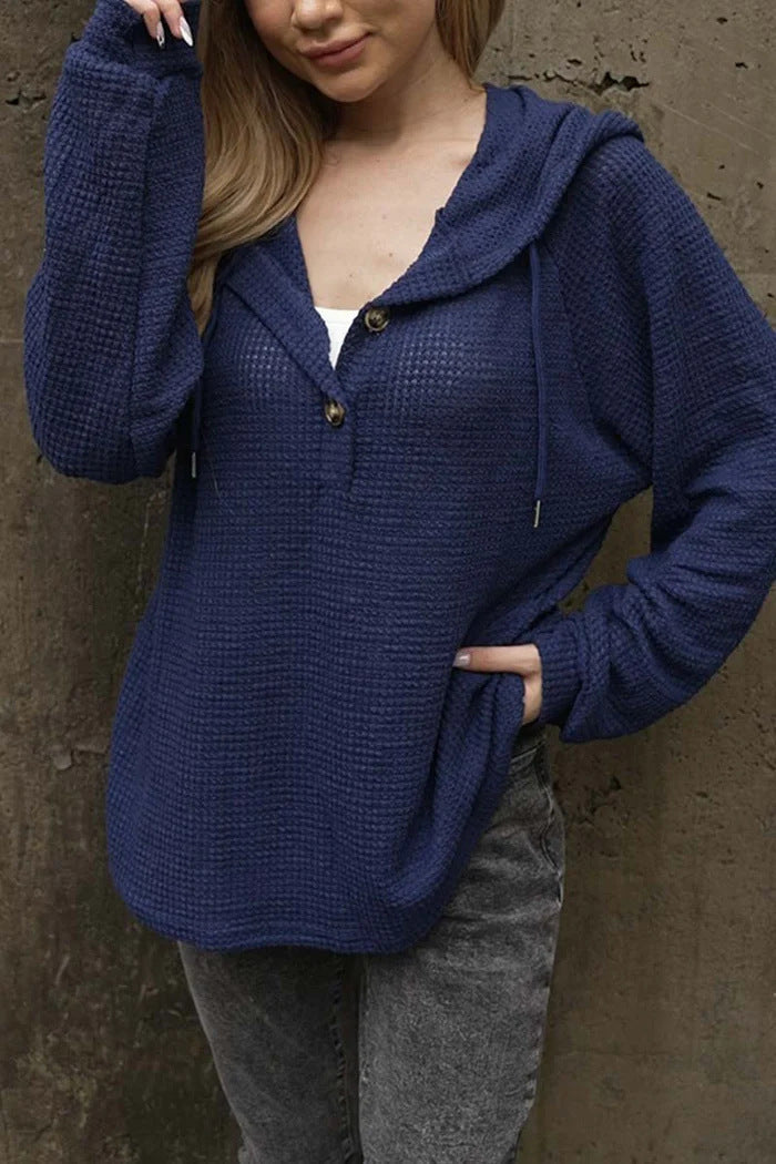 Elarova | Einfarbiger Knopf Zugband Lockere Lange Ärmel Hoodie