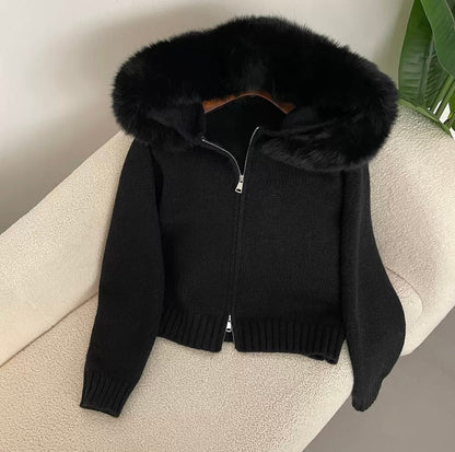 Elarova | Eleganter Strickjacke Mit Fellkragen