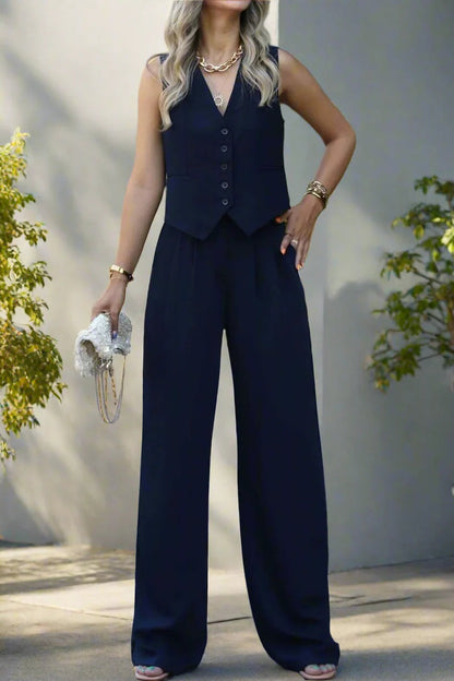 Elarova | Elegantes Damen Hosenanzug Set mit V-Ausschnitt und weitem Bein