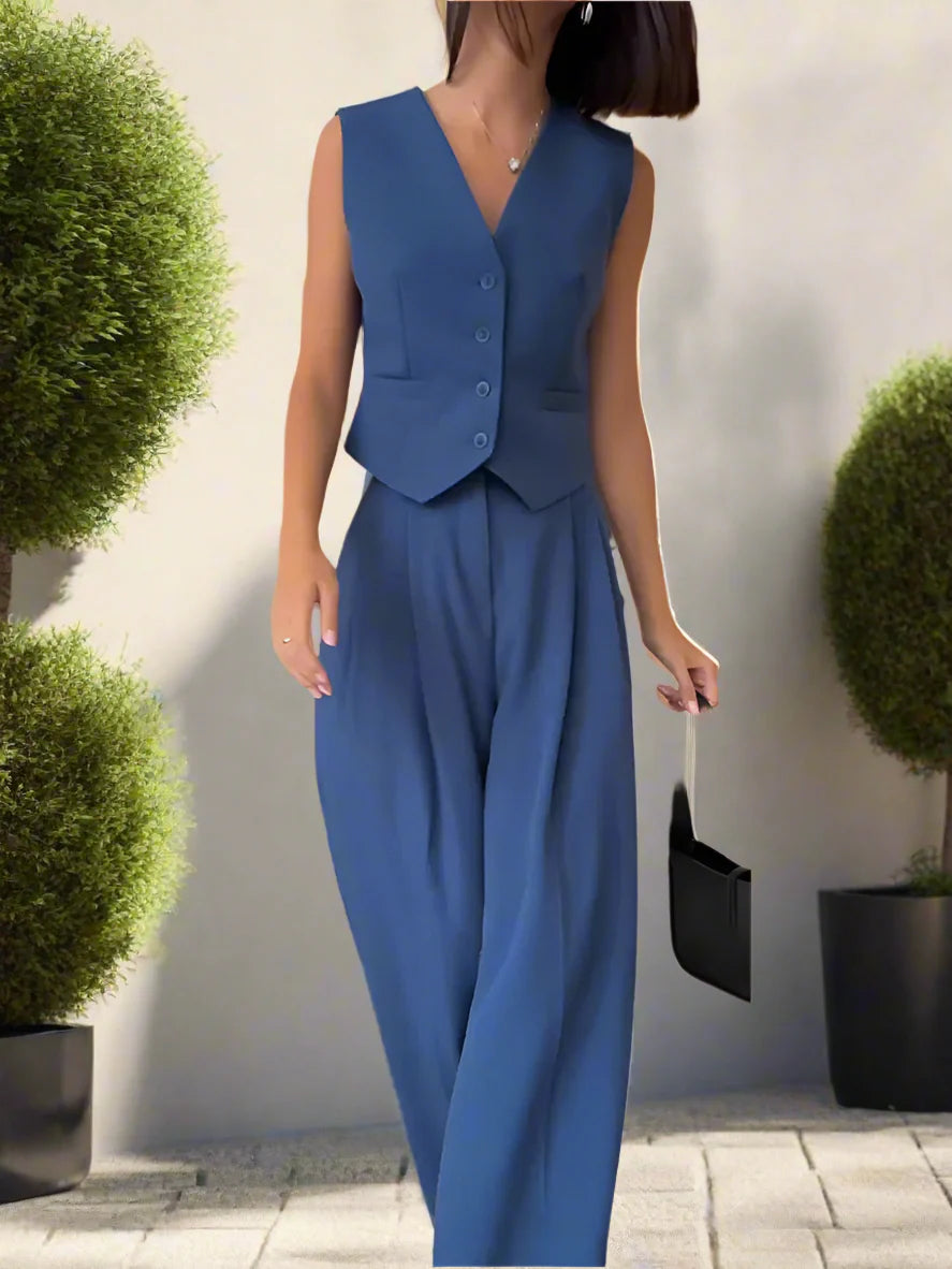 Elarova | Elegantes Damen Hosenanzug Set mit V-Ausschnitt und weitem Bein