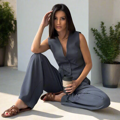 Elarova | Elegantes Damen Hosenanzug Set mit V-Ausschnitt und weitem Bein