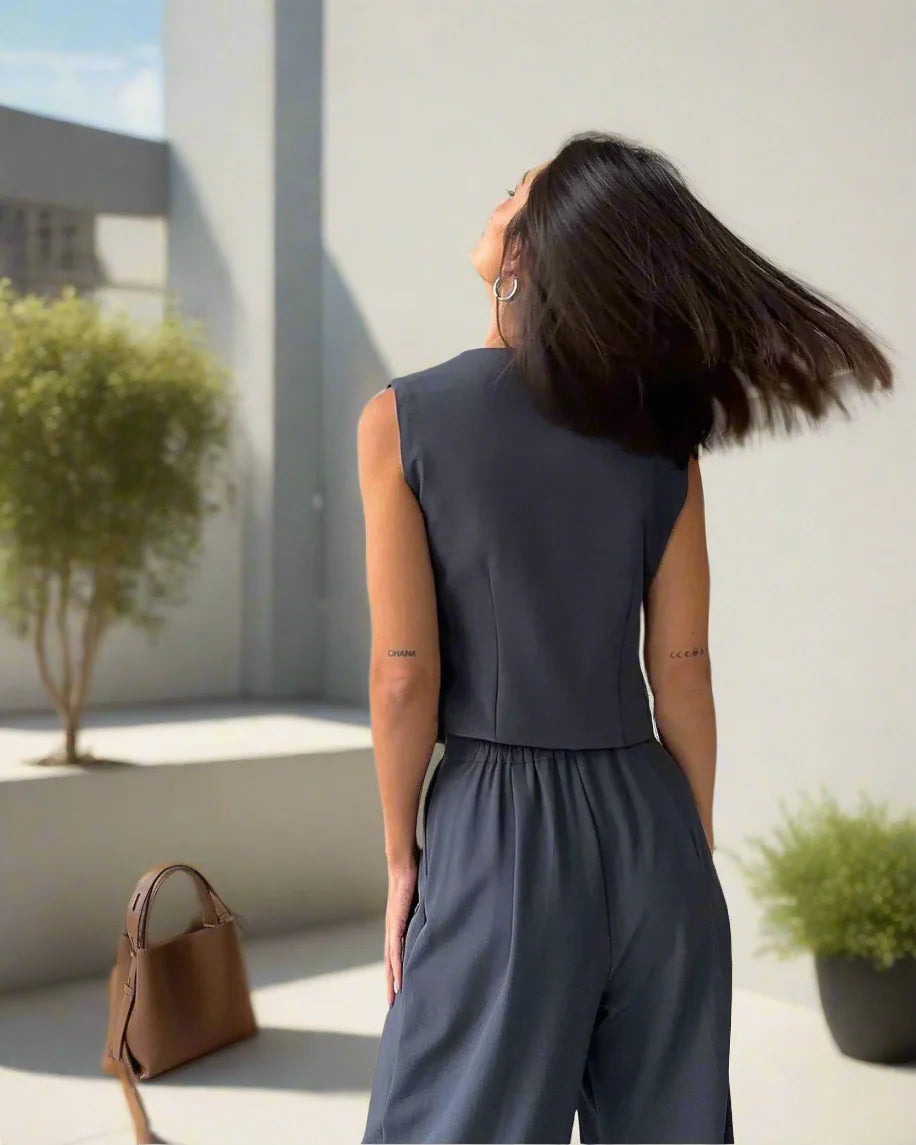 Elarova | Elegantes Damen Hosenanzug Set mit V-Ausschnitt und weitem Bein