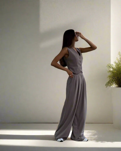 Elarova | Elegantes Damen Hosenanzug Set mit V-Ausschnitt und weitem Bein