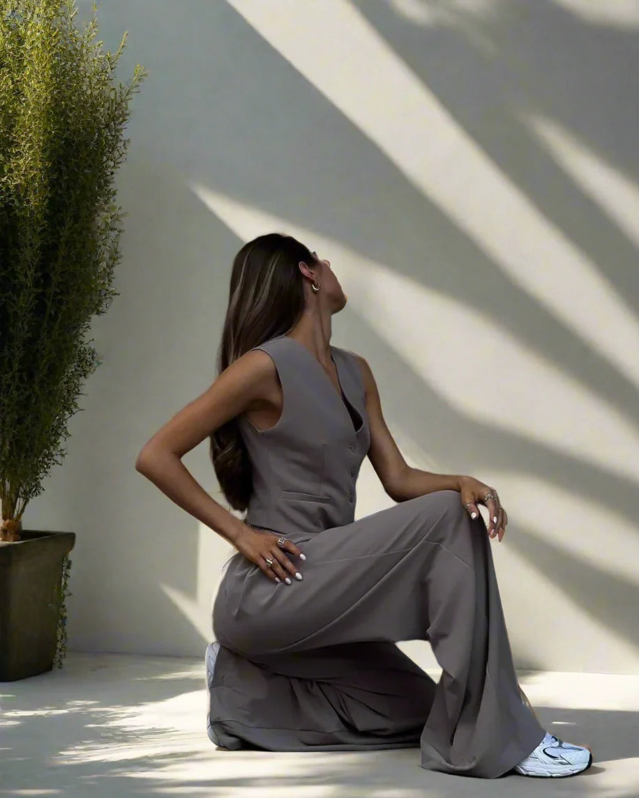 Elarova | Elegantes Damen Hosenanzug Set mit V-Ausschnitt und weitem Bein