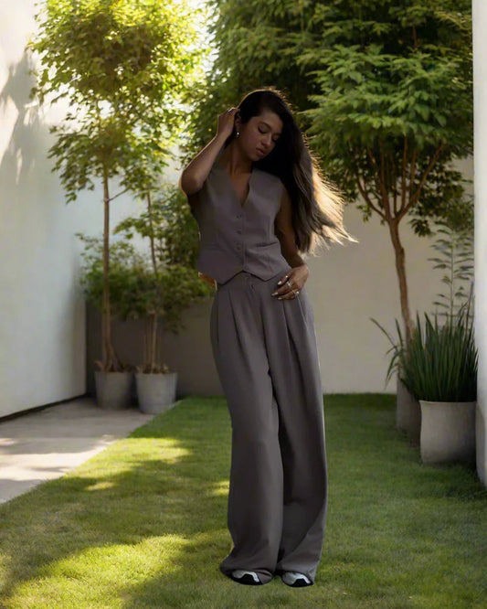 Elarova | Elegantes Damen Hosenanzug Set mit V-Ausschnitt und weitem Bein