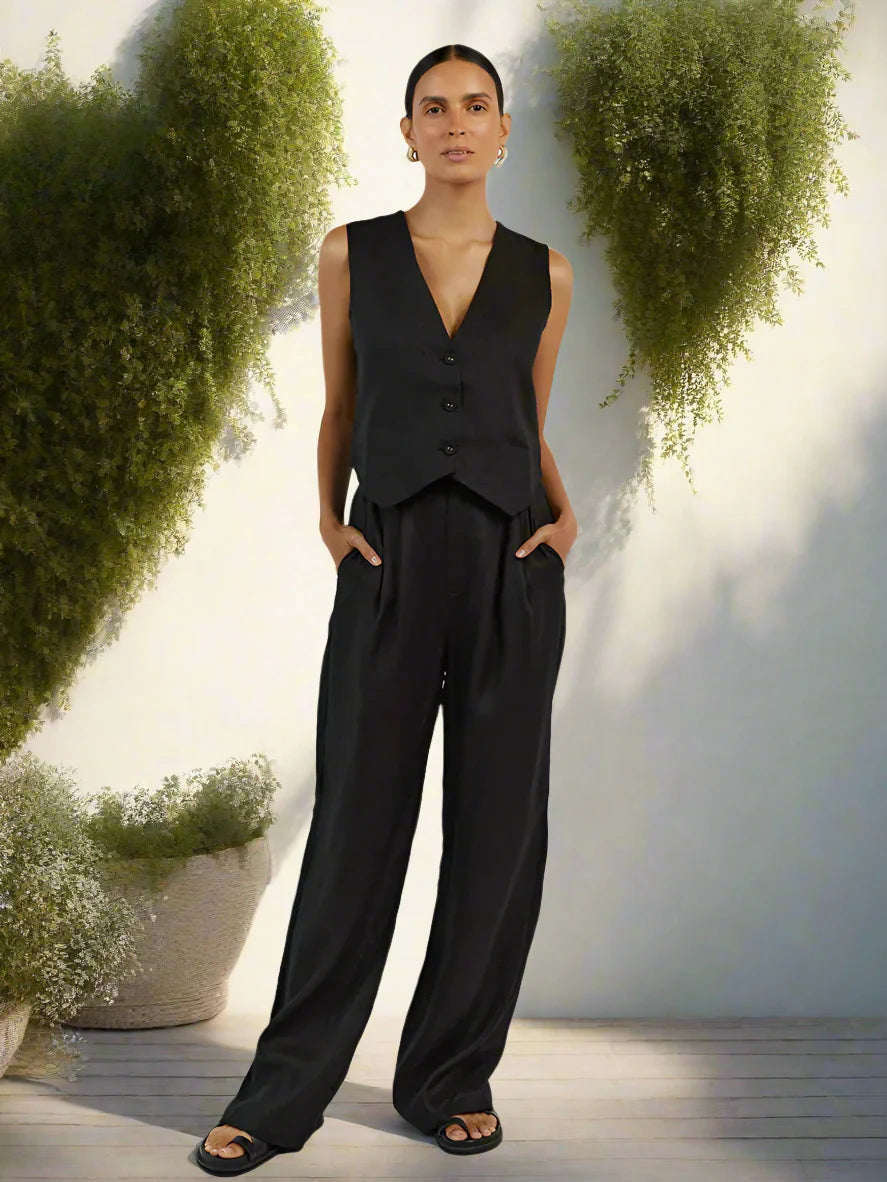 Elarova | Elegantes Damen Zweiteiler Set Business Casual Ärmellos mit Weitem Bein