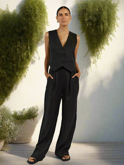 Elarova | Elegantes Damen Zweiteiler Set Business Casual Ärmellos mit Weitem Bein