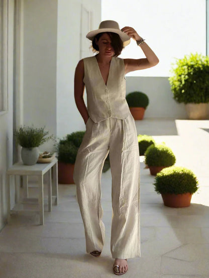Elarova | Elegantes Damen Zweiteiler Set Business Casual Ärmellos mit Weitem Bein