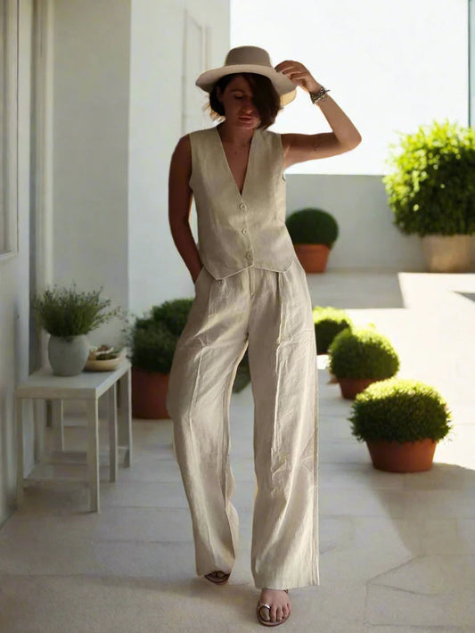 Elarova | Elegantes Damen Zweiteiler Set Business Casual Ärmellos mit Weitem Bein