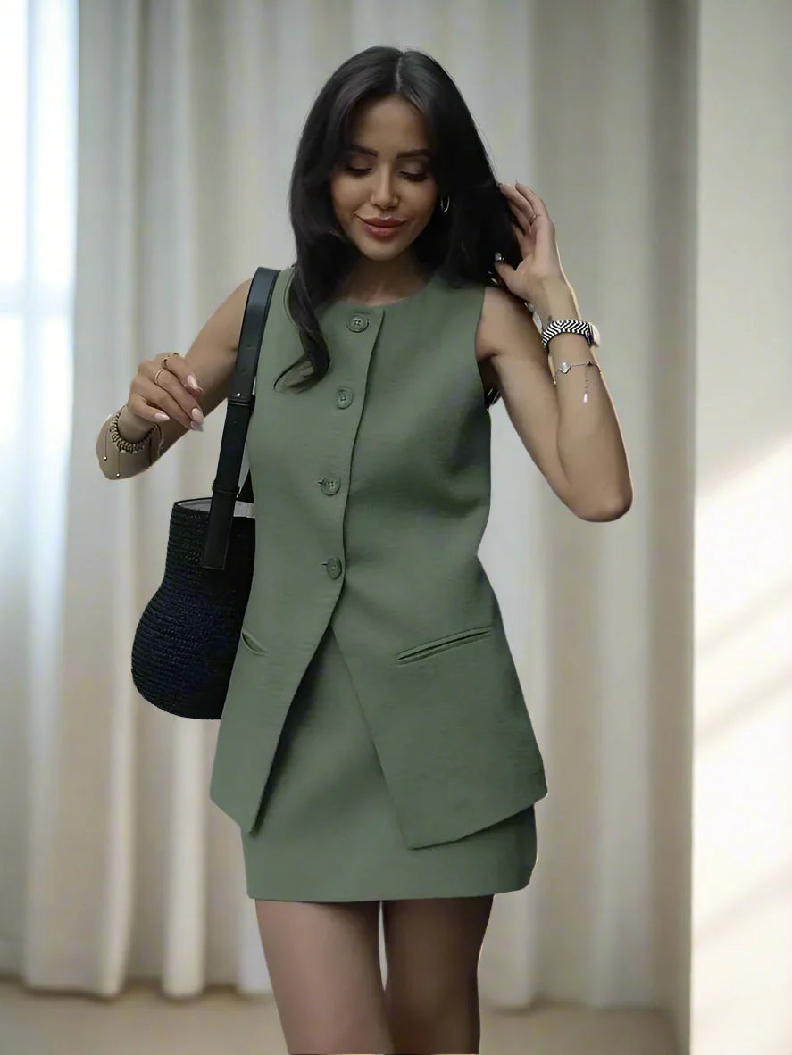 Elarova | Elegantes Damen Zweiteiler-Set Vintage Kurzarm Knopfleiste