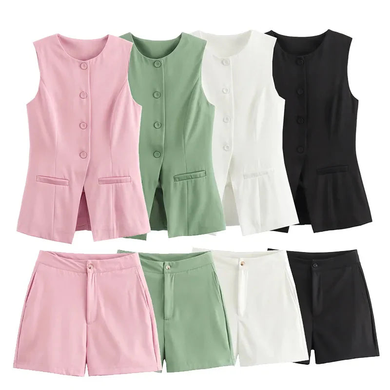 Elarova | Elegantes Damen Zweiteiler-Set Vintage Kurzarm Knopfleiste