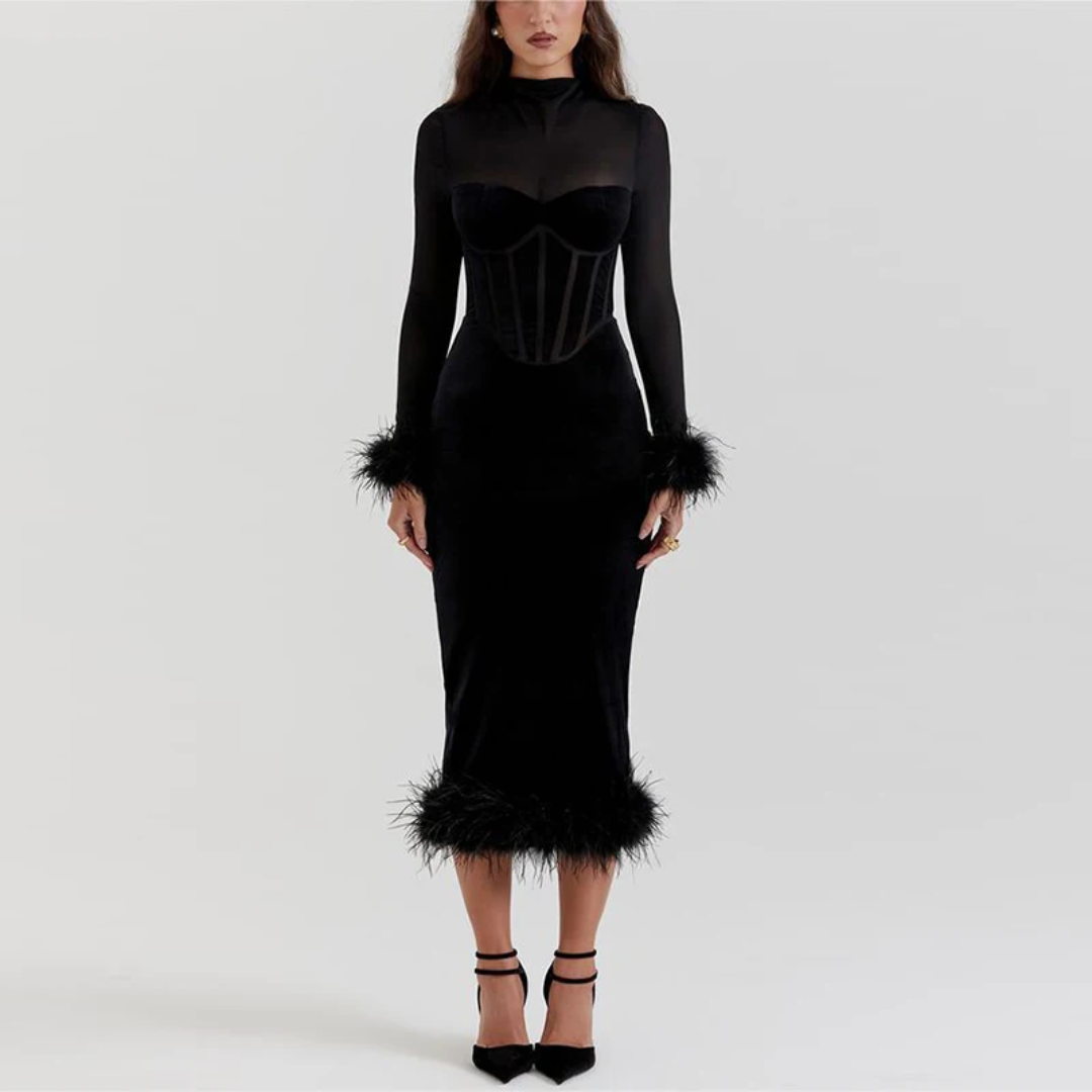 Elarova Elegantes Feder-Midi-Kleid für Damen