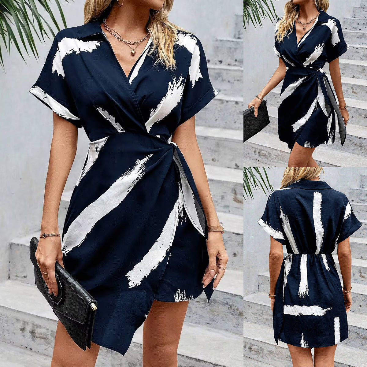 Elarova | Elegantes bedrucktes V-Ausschnitt-Kleid mit Schleife